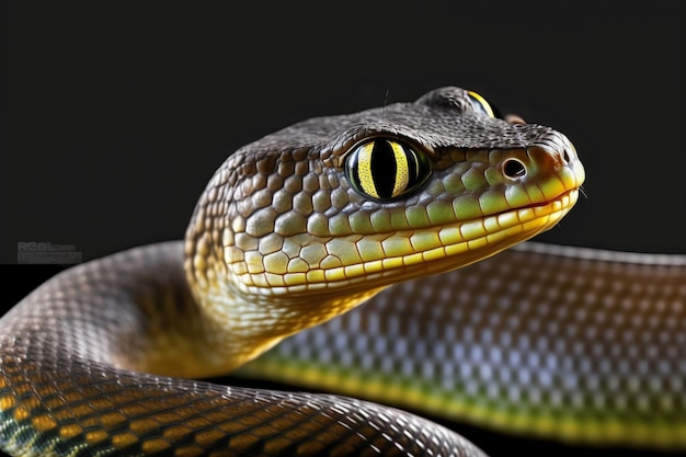 Видна змея с зеленым лицом.