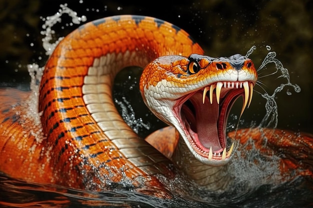 a snake with an open mouth is in the water.