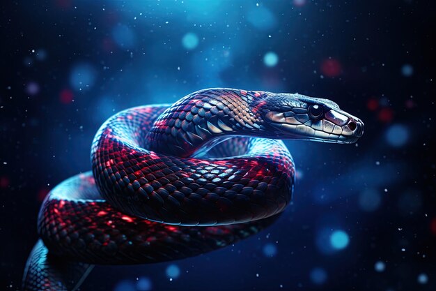 Photo a snake with red and blue stripes and a black head