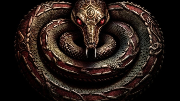 Photo a snake with red eyes and a red eye is in the center of the image.