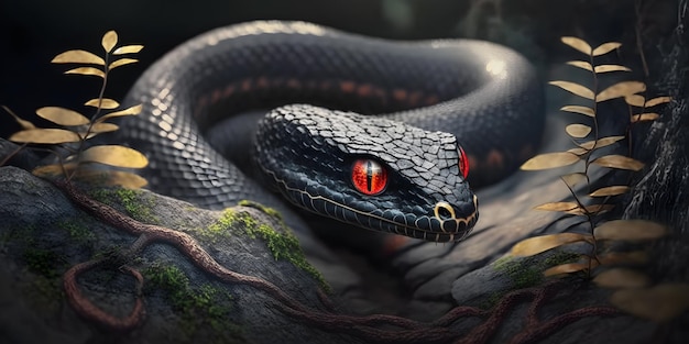 Photo a snake with red eyes sits on a rock with a dark background.