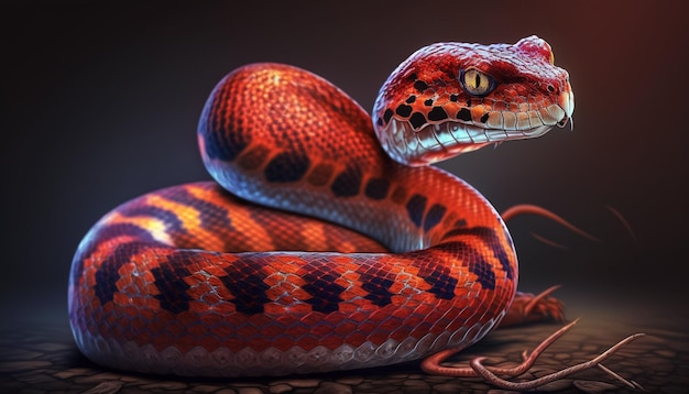 A snake with a red head and a yellow eye.