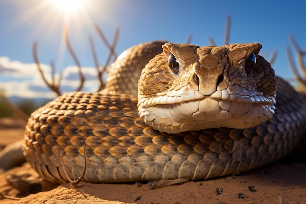 a snake with a smile on its face and a blue sky in the background