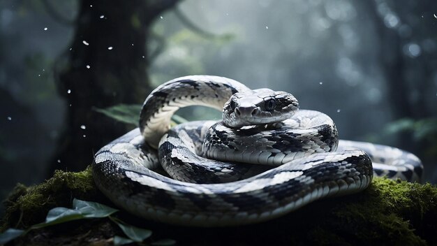 a snake with a white face and black stripes is laying on a branch