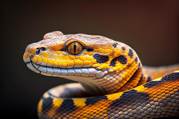 A snake with a yellow and black skin and a black head