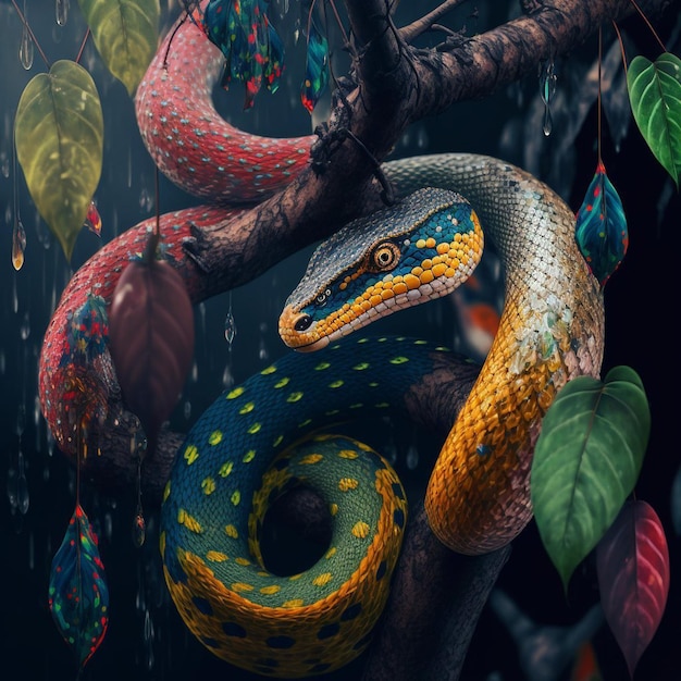 A snake with a yellow and blue body and a blue body sits on a branch with leaves on it.