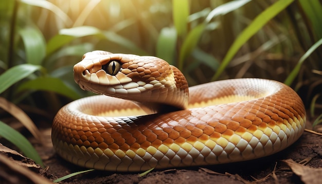 Photo a snake with a yellow eye and brown stripes