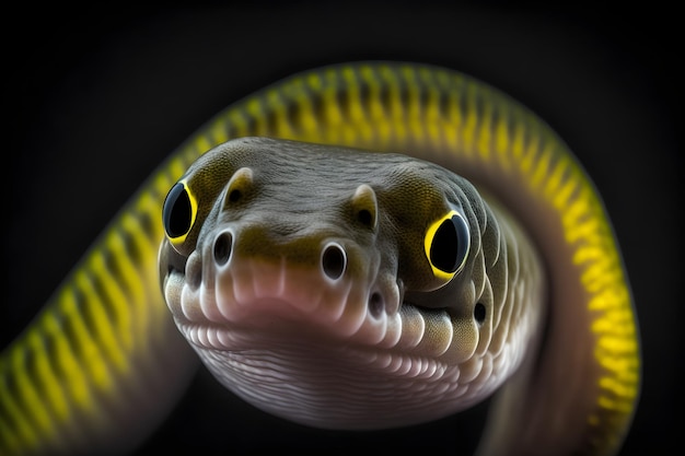 A snake with a yellow face and a yellow eye