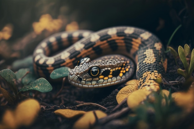 A snake with a yellow head and blue eyes sits in the dirt.