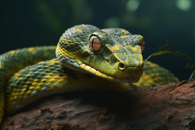 A snake with a yellow head sits on a branch