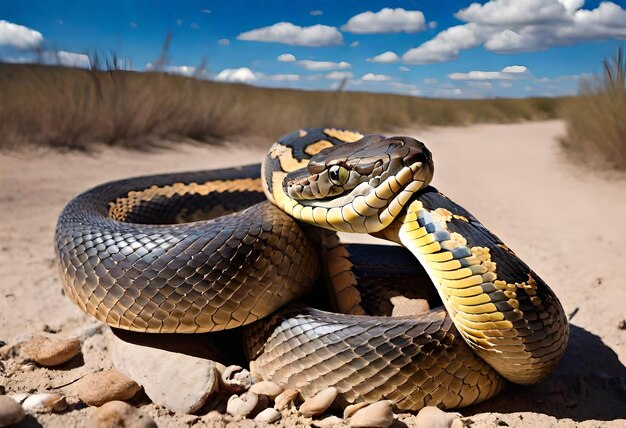 a snake with a yellow stripe on its head is laying on rocks