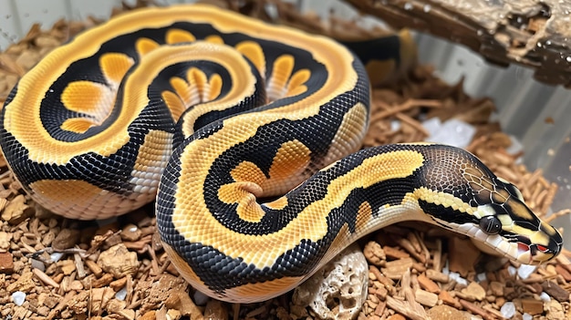 Foto un serpente con strisce gialle è sdraiato su una superficie di legno