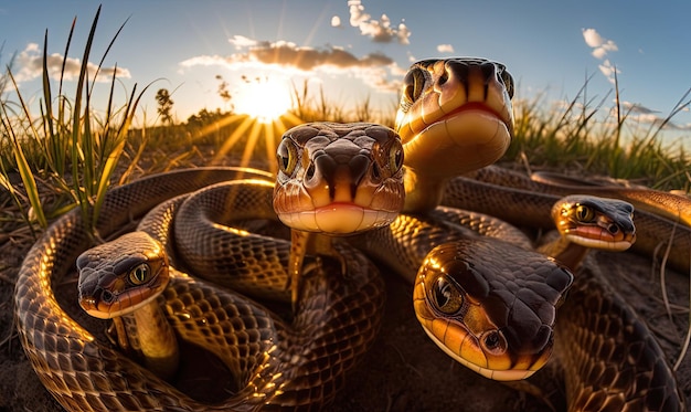 Snakeskin selfie 클로즈업 샷은 뱀의 복잡한 패턴과 질감을 보여줍니다. 생성 AI 도구를 사용하여 만들기