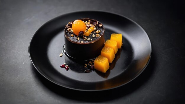 Snap a shot of a decadent dessert adorned with minimalist garnishes on a matte black plate