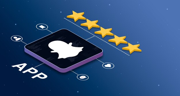 Photo snapchat application icon with a 5star rating and social activity badges 3d