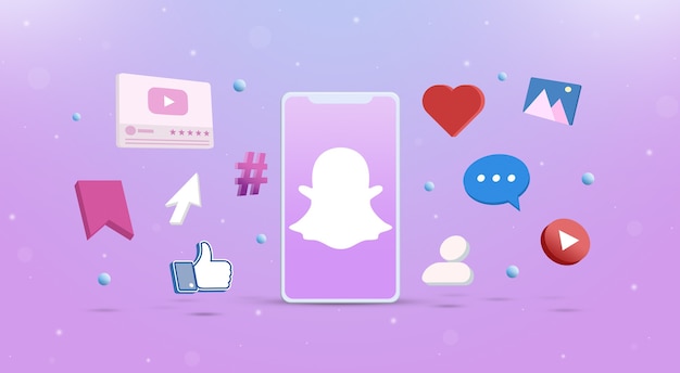 사진 3d 주위에 소셜 네트워크 아이콘이 있는 전화기의 snapchat 로고 아이콘