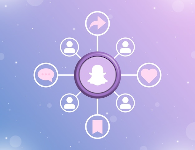 Snapchat social media logo on a round button with types of social activities and user icons 3d