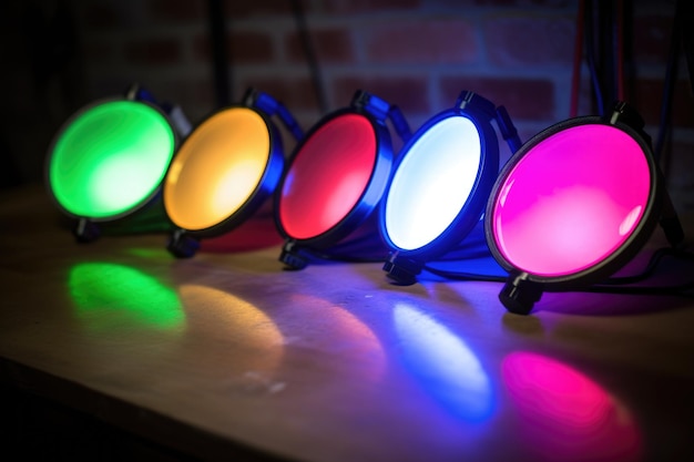 Photo snaplights glowing in various colors on a surface