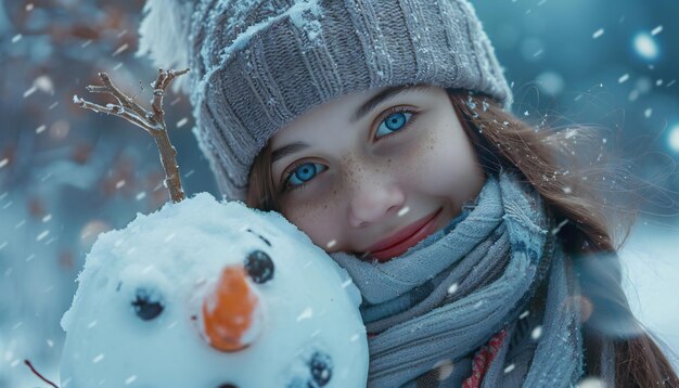 A snapshot of a girl in a tender hug with a snowman encapsulating a winter theme