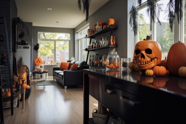 Photo snapshot of modern interior decorated for halloween with an out of focus view