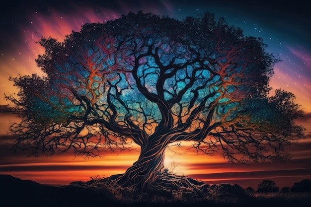 Snapshot of mystical tree with colorful sunset in the background