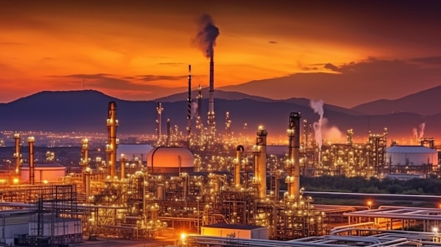 A snapshot of an oil refinery taken at dusk GENERATE AI