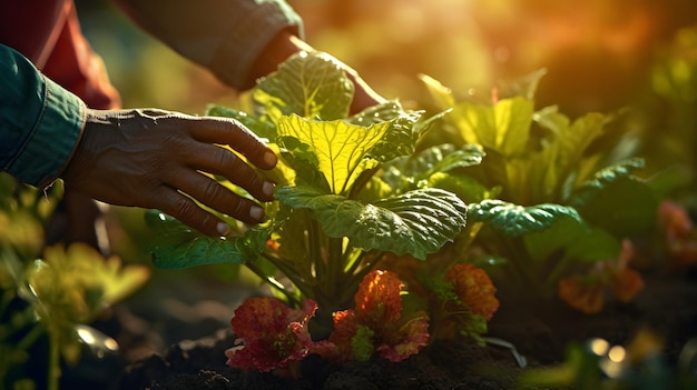 Foto un'istantanea delle mani della sostenibilità che si prendono cura di un raccolto di piante lussureggiante