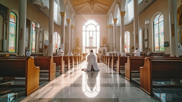 A snapshot taken during the coronavirus outbreak at Holy Mass in a Christian church Covid19 Keep your distance while wearing safety masks GENERATE AI