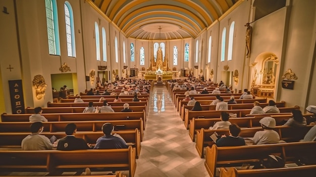 A snapshot taken during the coronavirus outbreak at Holy Mass in a Christian church Covid19 Keep your distance while wearing safety masks GENERATE AI