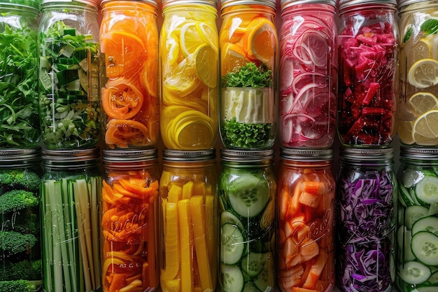 A snapshot of a variety of vegetables stored in glass jars ready to be used in cooking or for meal prepping A closeup of jar salads displayed in a rainbow of colors AI Generated