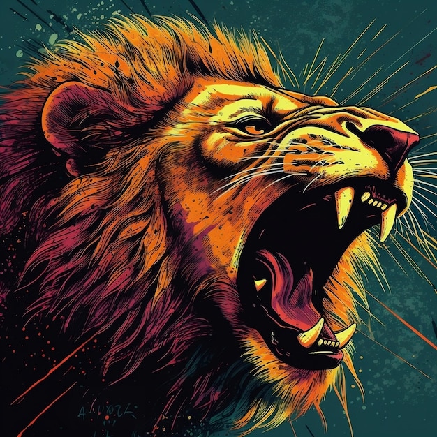 A snarling lion with lightning bolts crackling around its body in a dynamic pop art style