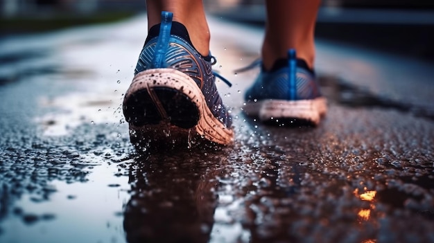 スニーカー 靴 足のクローズ アップ 濡れた雨天の水たまり 生成 ai
