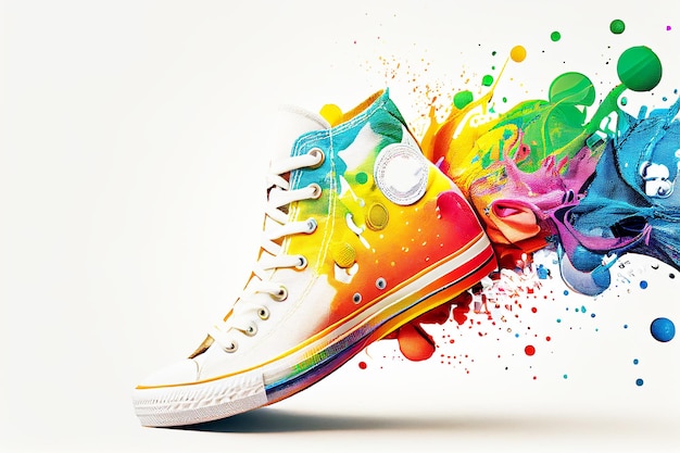 Sneakers art Sneakers on a background of multicolored paint on a white background