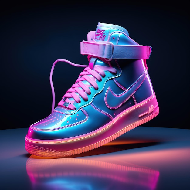 Photo sneakers in neon light on a black background 3d illustration