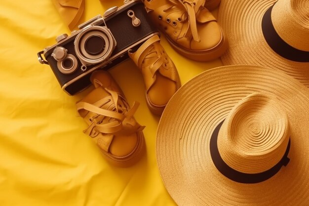 Sneakers rattan bag sunglasses hat and retro camera on a yellow background travel concept flat lay