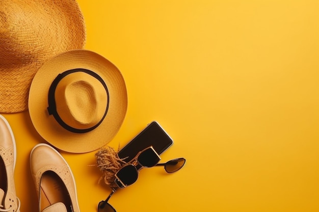 Sneakers rotan zak zonnebril hoed en retro camera op een gele achtergrond reizen concept plat leggen