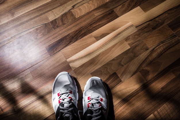 Sneakers on wooden background