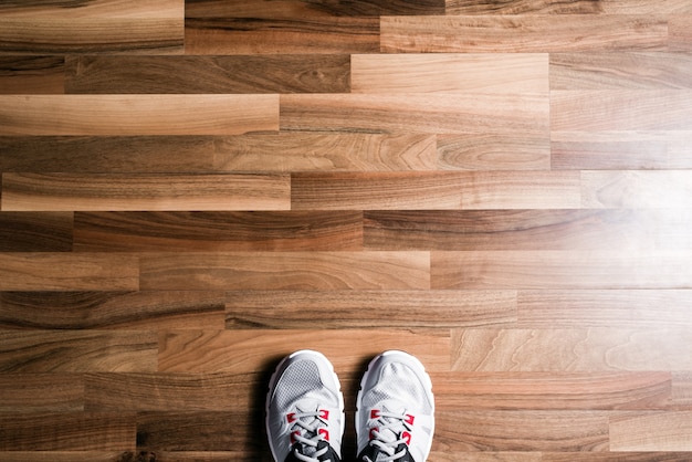 Sneakers on wooden background