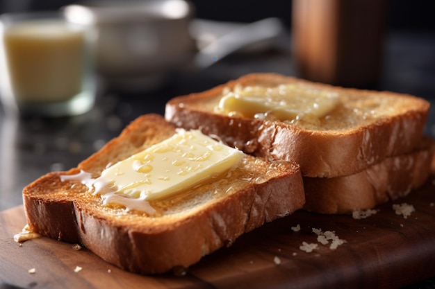 Sneetjes brood met boter op een houten bord met AI gegenereerd