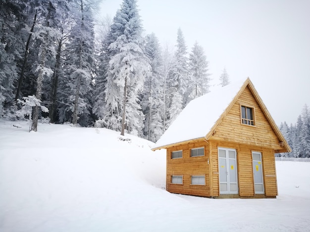 Sneeuw bedekt huis tegen de lucht