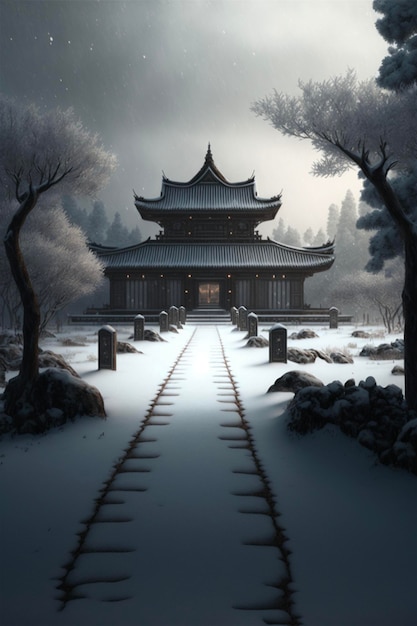 Sneeuw bedekt pad met een pagode op de achtergrond generatieve ai