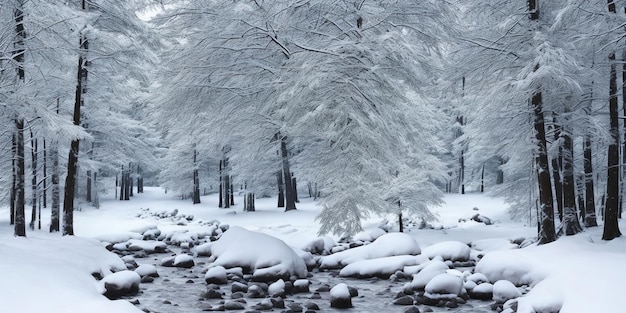 Sneeuw bedekte bomen in een bos met een rivier op de achtergrond