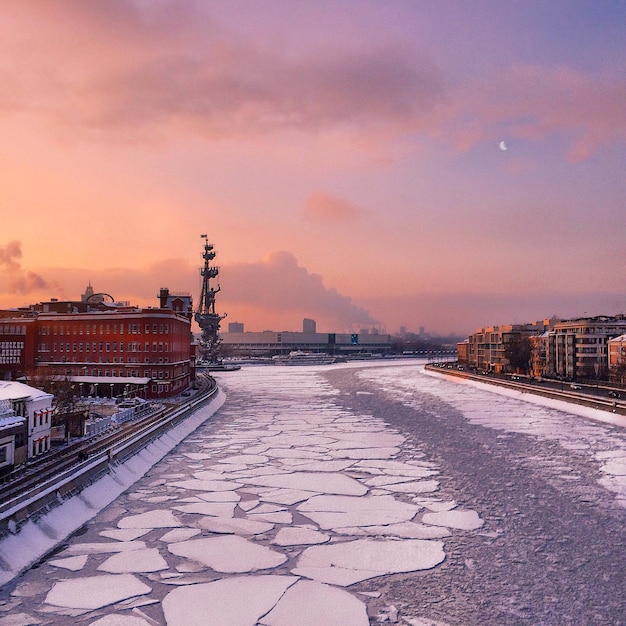 Sneeuw bedekte straat te midden van gebouwen tegen bewolkte lucht tijdens zonsondergang.