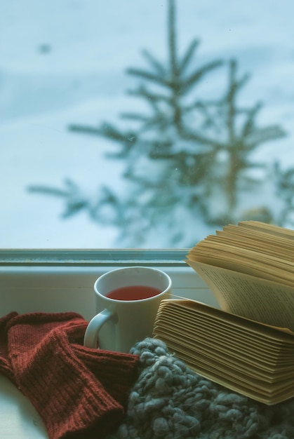 Sneeuw buiten het raam en open boek