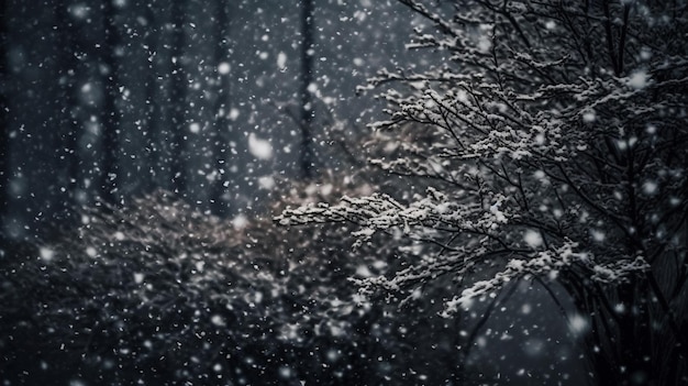 Sneeuw die op een boom in het bos valt