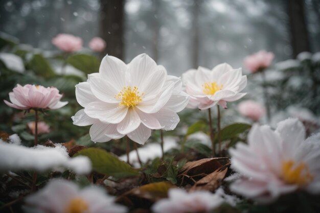 Sneeuw gekust bloemblaadjes van prachtige bloemen in een serene