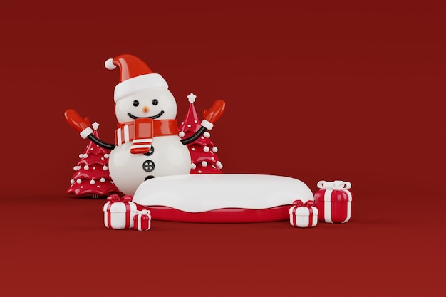 Sneeuw op rond podium omringd door kerstboom sneeuwpop en geschenkdozen 3D render kerstversiering