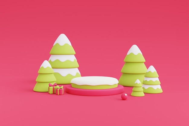 Sneeuw op ronde podium omringd door kerstboom en geschenkdozen, minimaal 3D-ontwerp Xmas Decorations.3d render illustratie.