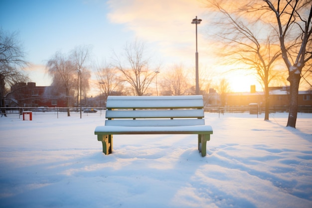 Sneeuw park bank bij zonsopgang één spoor naar het