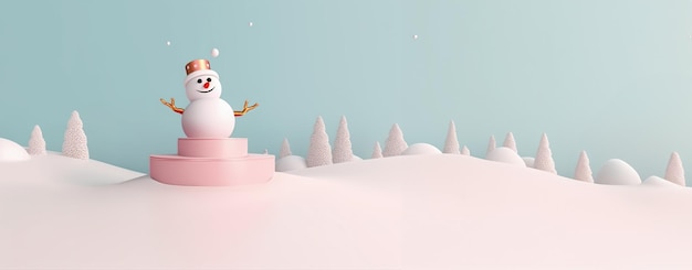 sneeuw pastel achtergrond in podium blauwe hemel en sneeuwman product 3d scène